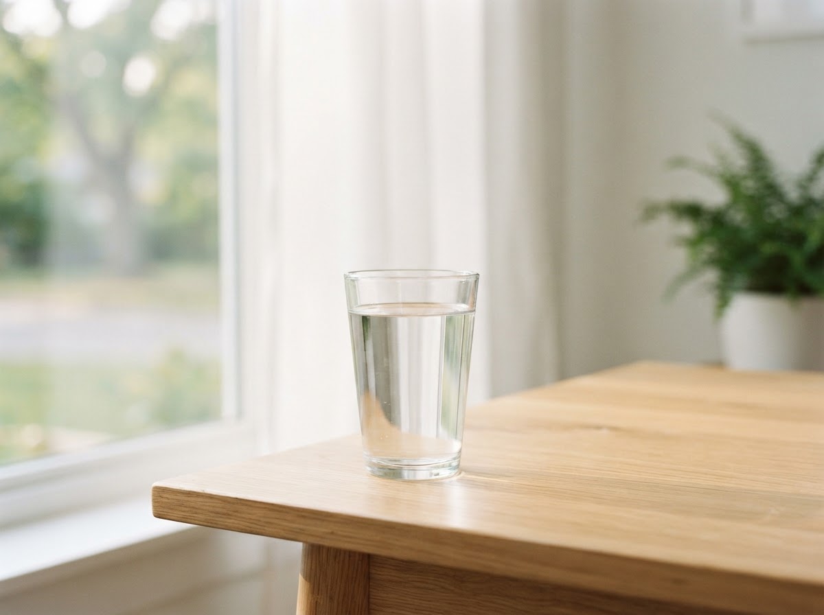 Glas water en Bio Core capsule op ochtendtafel